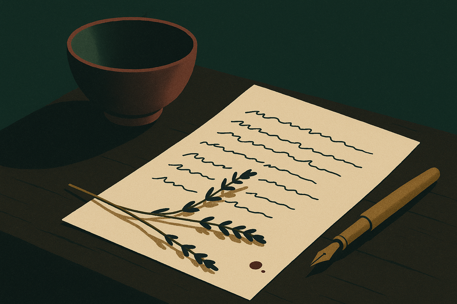 Une lettre manuscrite sur une table avec lavande et stylo-plume, ambiance lente et apaisée.
